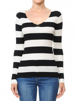 68682 V-Neck Long Sleeve Ribbed Wide Stripe Sweater