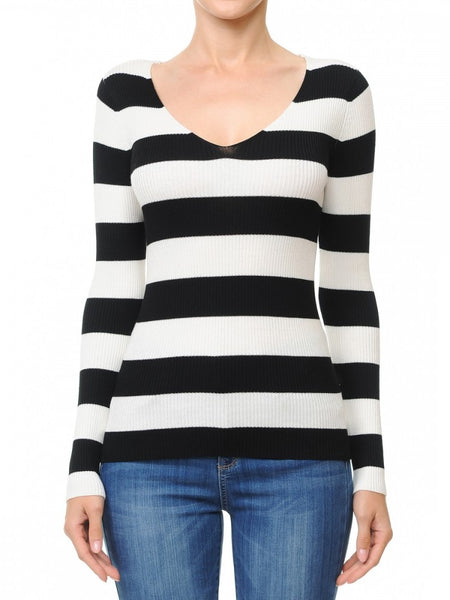 68682 V-Neck Long Sleeve Ribbed Wide Stripe Sweater
