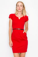 D3266 Short Sleeve Mini Dress V-Neck Bodycon Invisible Zipper Belt Pockets