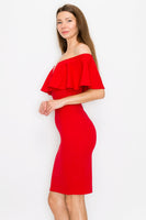 D3362 Off Shoulder Midi Dress Sleeveless Ruffle Bodycon