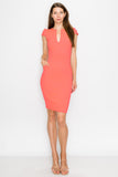 D3390 Cap Sleeve Midi Dress V-Neck Bodycon Zipper Back Pockets