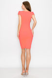 D3390 Cap Sleeve Midi Dress V-Neck Bodycon Zipper Back Pockets