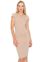 D3390 Cap Sleeve Midi Dress V-Neck Bodycon Zipper Back Pockets