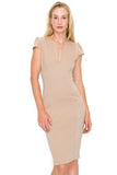 D3390 Cap Sleeve Midi Dress V-Neck Bodycon Zipper Back Pockets