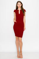 D3390 Cap Sleeve Midi Dress V-Neck Bodycon Zipper Back Pockets