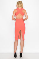 D3417 Sleeveless Cross Back Midi Dress V-Neck Bodycon