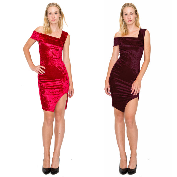 D3858 One Shoulder Mini Dress Bodycon Ruffle Velvet Material