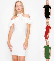 LD2222 Off Shoulder Halter Dress Mini Bodycon Bust Neck Button
