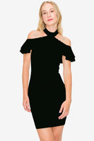 LD2222 Off Shoulder Halter Dress Mini Bodycon Bust Neck Button