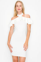 LD2222 Off Shoulder Halter Dress Mini Bodycon Bust Neck Button