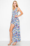 LP2254 Floral Shorts Romper with Maxi Skirt Overlay Front Slit Sleeveless