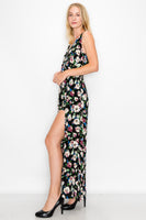 LP2254 Floral Shorts Romper with Maxi Skirt Overlay Front Slit Sleeveless