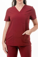 AJ1002 Medical Scrub Set 4 Way Stretch 6 Pockets V-Neck Top Joggers Pants Uniform Merlot