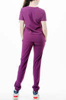 AJ1002 Medical Scrub Set 4 Way Stretch 6 Pockets V-Neck Top Joggers Pants Uniform Purple