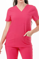AJ1002 Medical Scrub Set 4 Way Stretch 6 Pockets V-Neck Top Joggers Pants Uniform Fuchsia