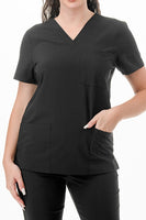 AJ1002 Medical Scrub Set 4 Way Stretch 6 Pockets V-Neck Top Joggers Pants Uniform Black