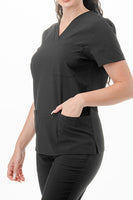 AJ1002 Medical Scrub Set 4 Way Stretch 6 Pockets V-Neck Top Joggers Pants Uniform Black