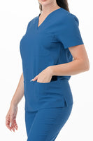 AJ1002 Medical Scrub Set 4 Way Stretch 6 Pockets V-Neck Top Joggers Pants Uniform Classic Blue