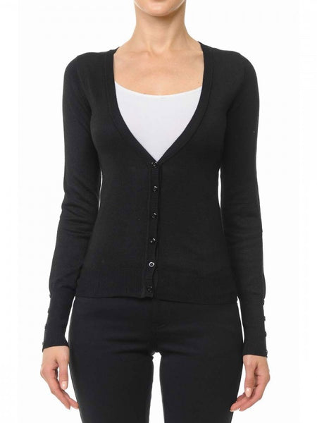 Deep V-Neck Fine Guage Cardigan Sweater With Sleeve Button 65609