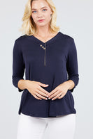 3/4 Sleeve V-Neck Rayon Spandex Flowy Top Button Detail Loose Fit MT10978